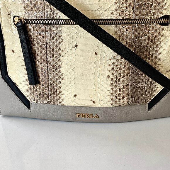 Furla Snakeskin Leather Crossbody Shoulder Bag Gray Cream Charcoal Zipper EUC - Picture 4 of 14